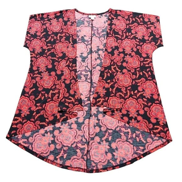 LuLaRoe Women's Red & Black Damask Print Lindsey Kimono - Picture 3 of 7